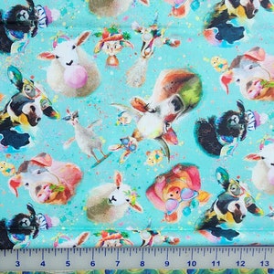 100% cotton Quilting fabric PRICED by the 1/2 yard, cut on order.  Funny Farm, sheep goat cow rabbit goat chicken pig bull.  Just too fun