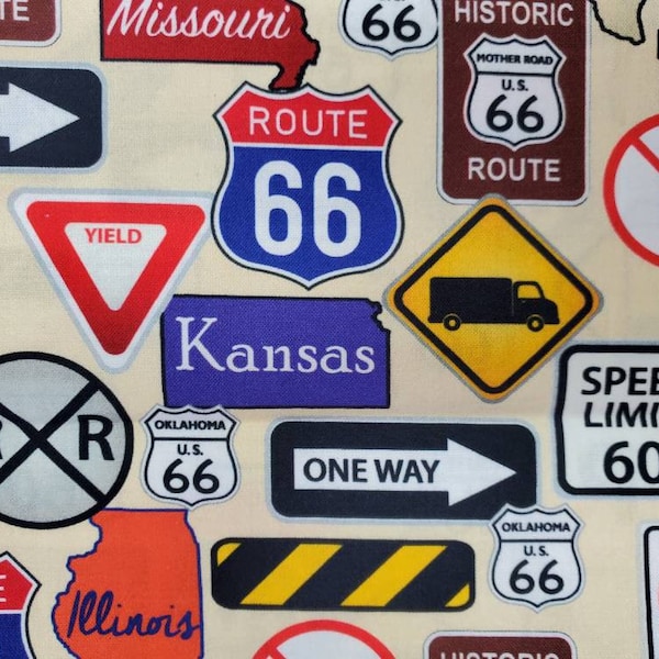 Mother road signs travel rt. route 66 100% cotton quilting fabric. PRICED by 1/2 yard cut to order. Think camp shirt or camper curtains
