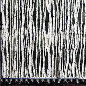 May include: White birch trees on a black background fabric. The fabric has a repeating pattern of birch trees with white bark and black branches.