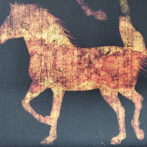 Quilting fabric 100% cotton. By 1/2 yard,  cut to order.  Water color horse horses mustangs mustang. Bold natural colors on black. QT