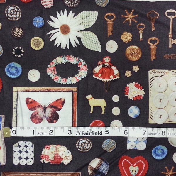 100% cotton Quilting fabric by the pre-cut FAT quarter (1/4).  vintage lace buttons doll dolls, butterfly key daisy heart