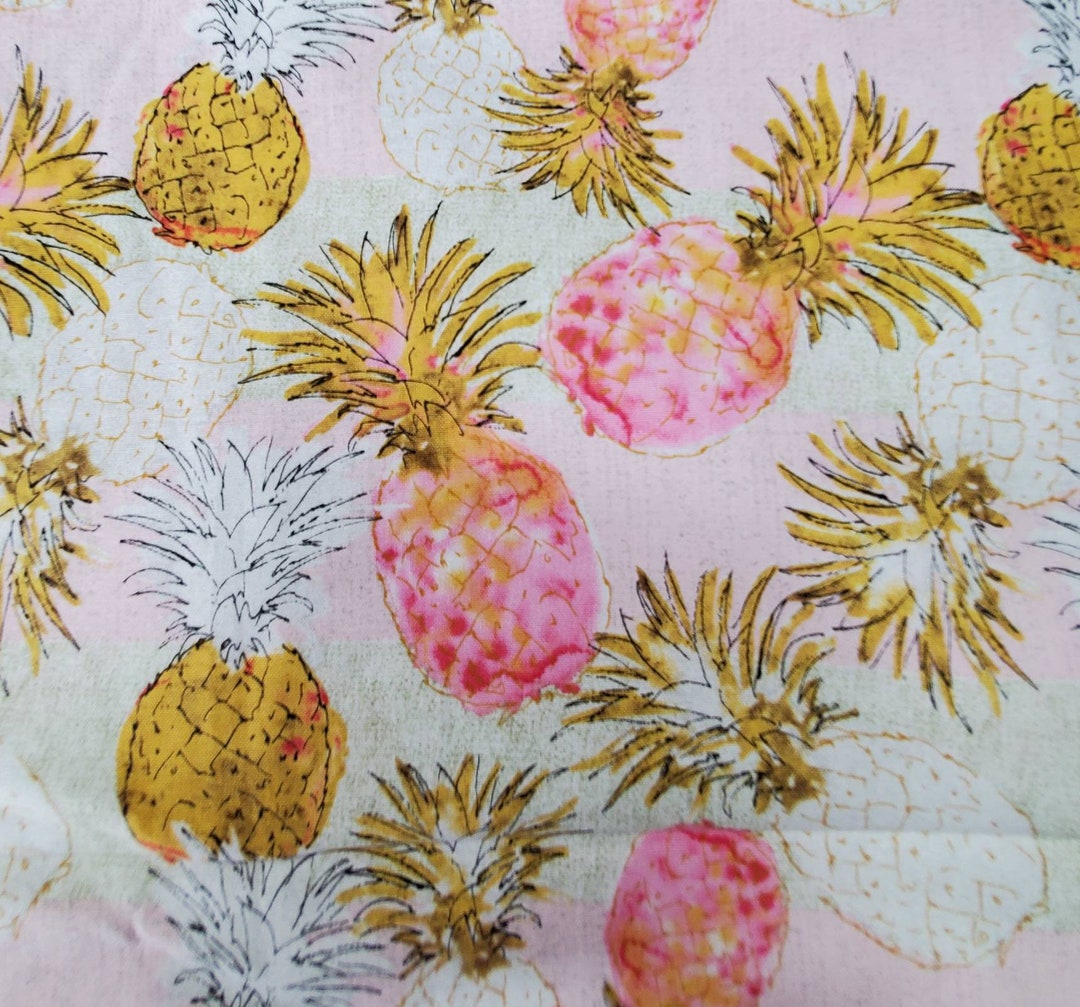Pink and Yellow Pineapple Pineapples on White. 100 Cotton Etsy