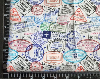 Pre-cut, PLEASE read description. 100% cotton Quilting fabric, sold by the 1/2 yard incrimements, colorful passport stamps  Travel vacation