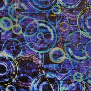 May include: Abstract digital art featuring a pattern of overlapping blue, green, and yellow circles on a dark purple background.