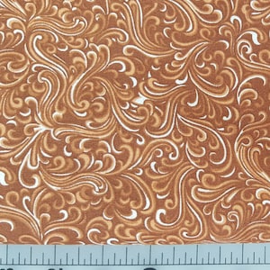 Swirl curl  wave feather flourish, 100% cotton Quilting fabric. PRICED by the 1/2 yard & cut to order.   rusty brown rust tonal, blender