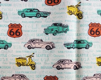 Pre-cut, PLEASE read description. 100% quilting cotton.   Priced by the half 1/2 yard.  Vintage styling cars trucks motorbike route rt 66