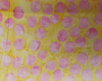 100% cotton Quilting fabric by the 1/2 cut upon order. yard, Hand dye, batik, watercolor,  soft pink and yellow polka-dot