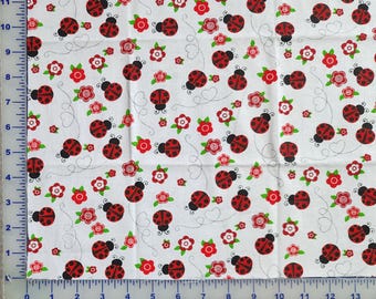 100% cotton fabric. Pre-cut FAT quarter 1/4.  White background with ladybugs, ladybirds, flowers floral red insects.  So darn cute.