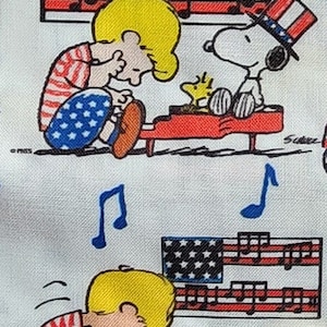 100% cotton Quilting fabric 1/2 yard, Charlie Brown Linus & Snoopy. USA american flag piano music notes. White background cut on order