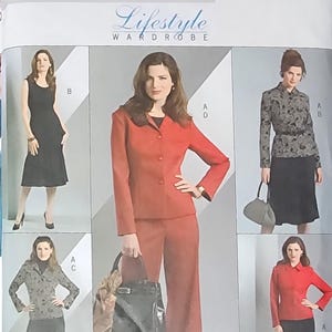 May include: A sewing pattern for a women's wardrobe featuring four different outfits: a black dress, a red blazer and pants, a black and white patterned blouse and skirt, and a red blouse and black skirt. The pattern is from Butterick and is size 16-18-20-22.