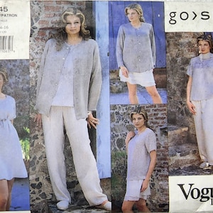 Puede incluir: Un patrón de costura para un vestido y una blusa, con el texto "go>SILK" y "Vogue Patterns" impreso en la parte delantera. El patrón es para las tallas 12-14-16.