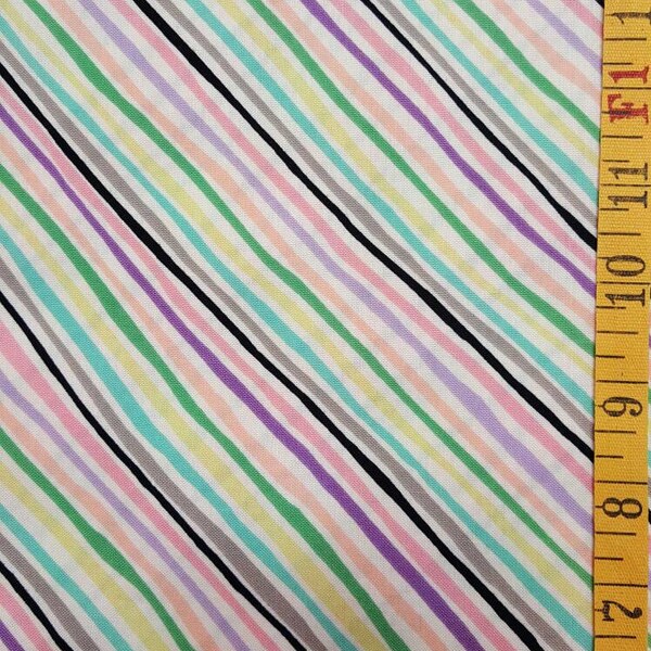 100% cotton Quilting fabric. PRICED by the 1/2 yard cut on order.  Angular stripe, black, pink, peach, green, yellow.   GREAT for binding.