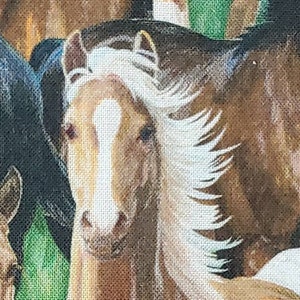 South western quilting fabric 100% cotton. By 1/2 yard,  cut to order.   horse horses mustangs paint pinto. Grassy background ponies allover