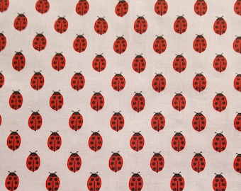 100% cotton Quilting fabric Pre-cut FAT 1/4 yard, red ladybugs  lady bug ladybirds insect beetle on off white background.