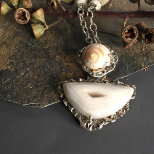 WHITE AGATE DRUZY and Shell Pendant with Textured Sterling Settings and Bead Accented Chain