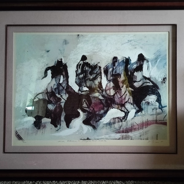 Rare, Riders in Purple and White by Earl Biss. 1985  Large framed Serigraph. 156/200. Signed with Certificate of authenticity.