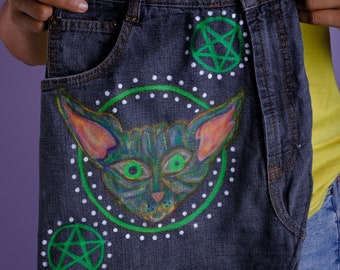 Repurposed Denim Jeans Shoulder Bag with Hand Painted Psychedelic Cat