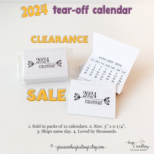 SALE 2024 Mini Tear-off Calendar, 2024 Monthly Tear-off Calendars, 2024 Calendars, Tear off Craft Calendar Refill Pads, Quantity 12 Pads