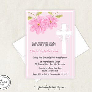 Girl Pink Floral Baptism Invitation, Baby Girl Pink Christening Invitation, First Holy Communion Invitation, Girl Christening Baptism Invite