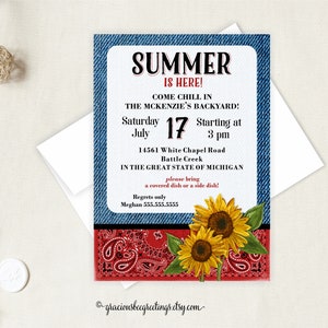 Denim & Bandanas BBQ Invitation: Summer Party, Backyard Birthday (Digital File)