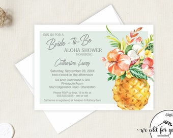 Aloha Bridal Shower Invitation, Bride To Be Wedding Shower, Pineapple Bridal Shower, Tropical Wedding Shower, Luau Bridal Shower