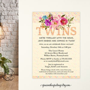 Floral Twin Baby Shower Invitation: Polka Dot Sprinkle (Digital Download)