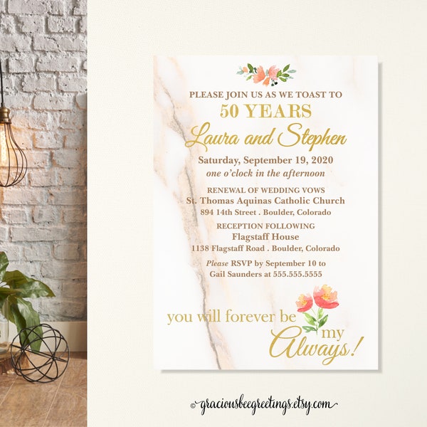 50th Wedding Anniversary Invitations, Vow Renewal Invitations, Always & Forever Vow Renewal Invite, Marble Anniversary Party Invite, Elegant