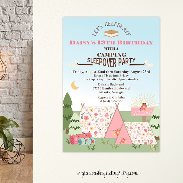 Campout Sleepover Birthday Invitation, Camp Slumber Party, Teen Sleepover Invite, Under the Stars Birthday Party, Camping Invite, Campfire