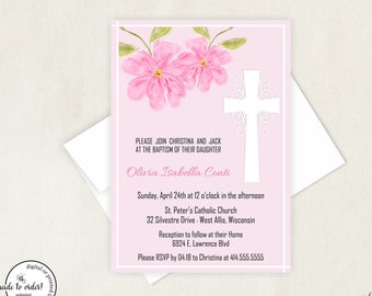 Girl Pink Floral Baptism Invitation, Baby Girl Pink Christening Invitation, First Holy Communion Invitation, Girl Christening Baptism Invite