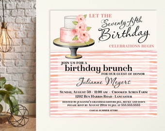 May include: A pink and white birthday brunch invitation with a watercolor cake illustration. The invitation reads "Let the Seventy-fifth Birthday Celebrations Begin" and includes the details for a birthday brunch for Julianne Meyers. The event will be held on Sunday, August 30th at 11:00 AM at Crooked Acres Farm in Lancaster.