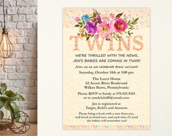 Twin Flowery Baby Shower Invitation, Floral Polka Dot Twin Shower, Spring Twin Baby Shower, Neutral Twin Baby Shower, Twin Sprinkle