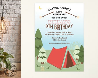 Camping Birthday Invitation: Woodland Campout, Sleepover Party (Digital File)