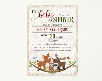 May include: A baby shower invitation with a woodland theme. The invitation features a brown wooden background with a red and green border. The text "It's a baby shower" is written in cursive script. The invitation also features a deer, a moose, an owl, a frog, and a raccoon.