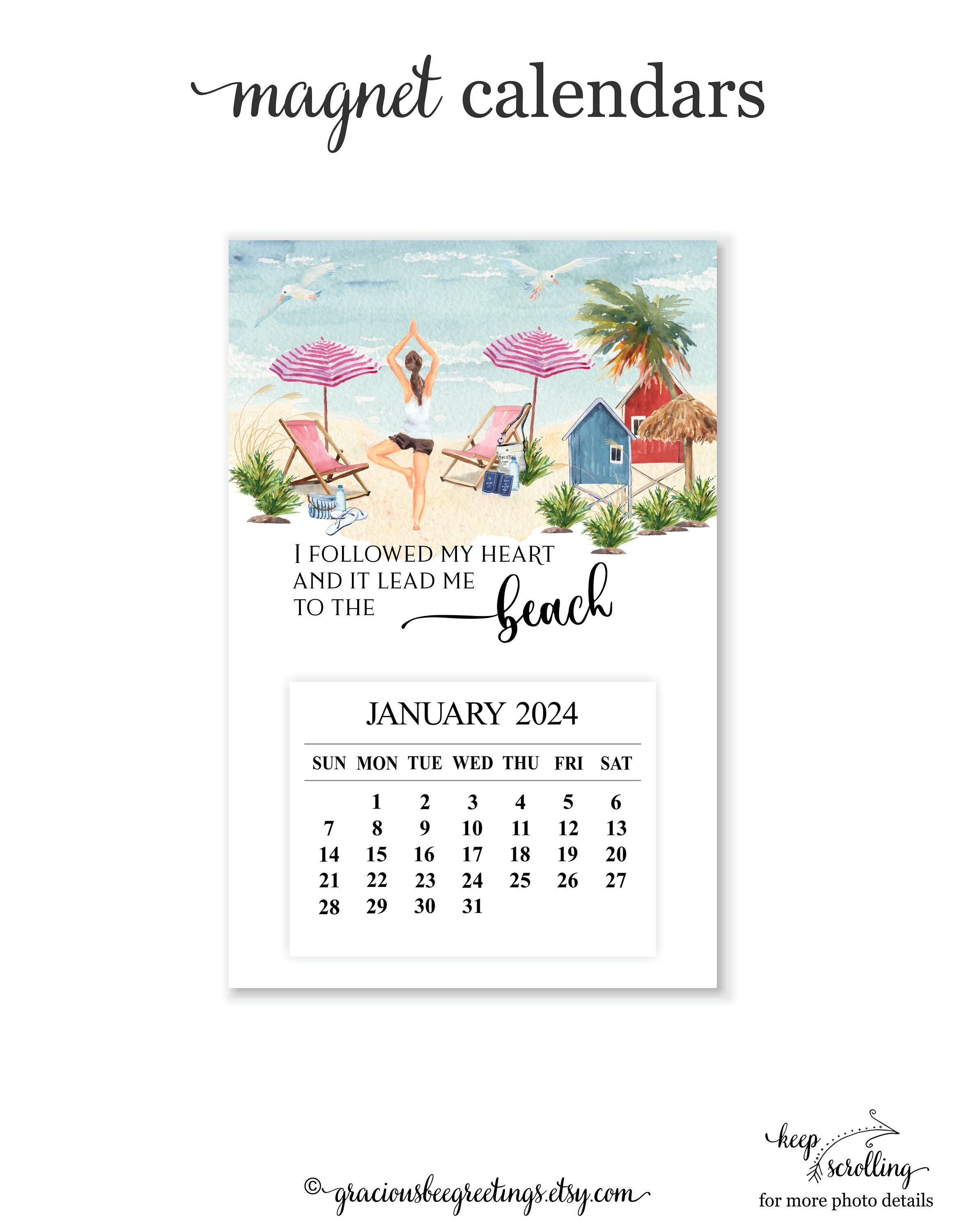2024 calendario de imán de refrigerador de playa, calendario de escritorio  de playa 2024, calendario de imán de yoga 2024, calendario de corte de imán,  relleno de calcetín -  México