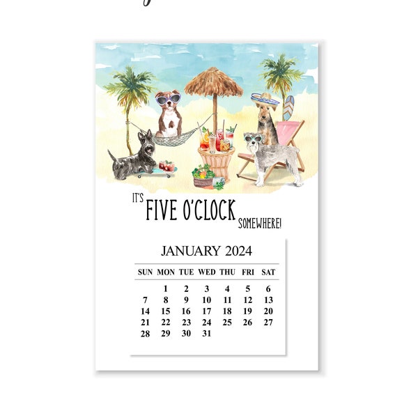 2024 Funny Dog Magnet Calendar, 2024 Dog Desk Calendar, 2024 Five O'clock Somewhere Calendar, 2024 Dog Beach Calendar, 2024 Party Calendar