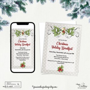 May include: A digital invitation for a Christmas holiday breakfast. The invitation features a festive design with a wreath of holly and berries, a white ribbon, and a polka dot background. The text reads "Join Us For Our Christmas Holiday Breakfast, Saturday, December 5th at 9:30 AM, The Perano Family, 8621 Fairbanks Boulevard, Toms River, New Jersey, Please RSVP to Ellie 555-555-5555 text or call, Casual Attire".