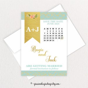 Anúncio de calendário de reserva de data, cartão de noivado verde-menta dourado, cartões de reserva de data de casamento, data personalizada de reserva de casamento