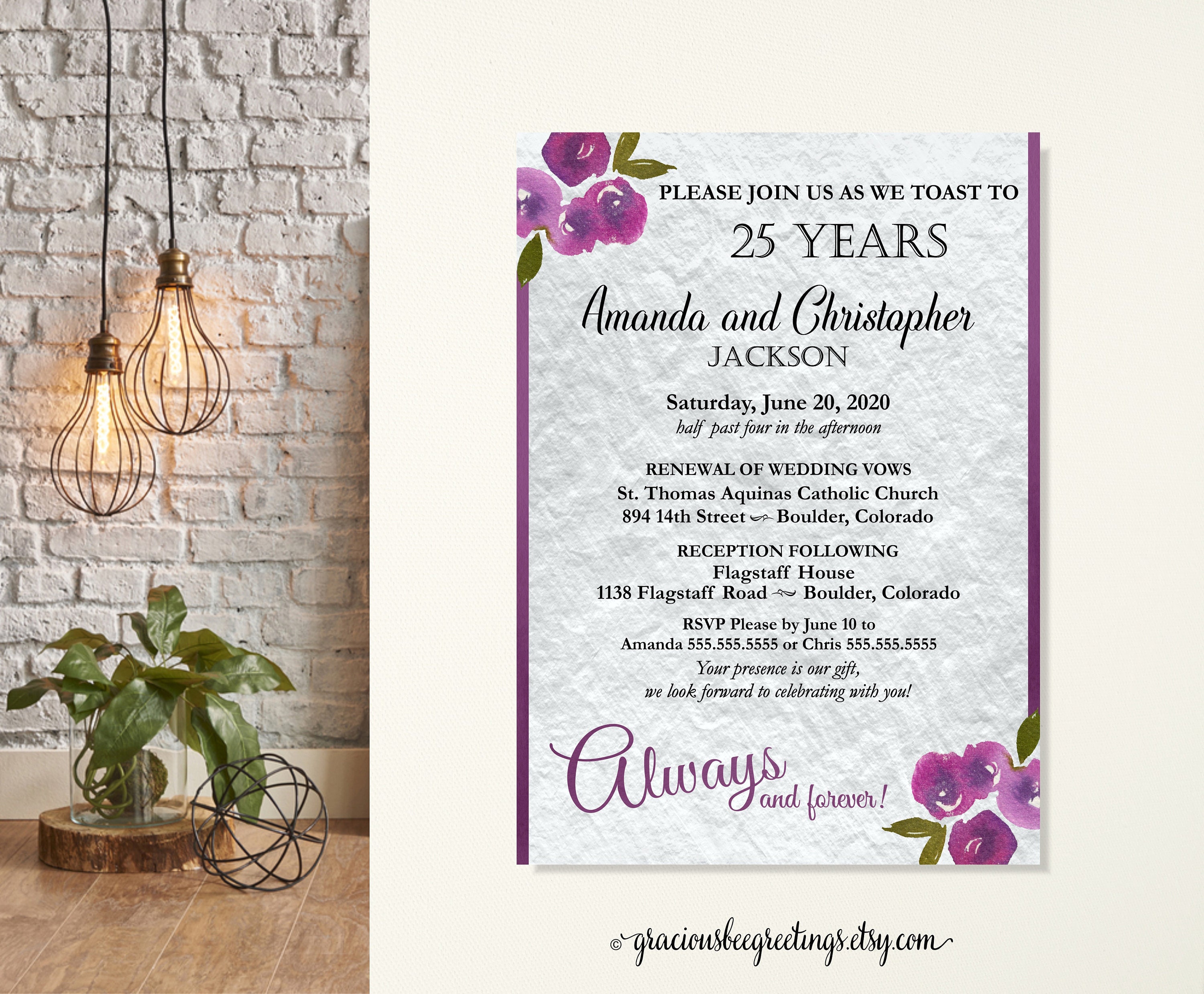 Invitación de renovación de votos para bodas de plata: Diseño floral morado  (archivo digital) - Etsy México, image size:3000x2478
