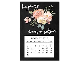 2027 Floral Refrigerator Magnet Calendar, Inspirational Kitchen Decor, Happiness Blooms Within