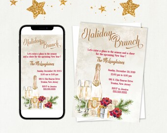 May include: A digital invitation for a Holiday Brunch with a watercolor illustration of champagne glasses and a bottle of champagne. The text reads "Holiday Brunch" and includes the date, time, address, and RSVP information.