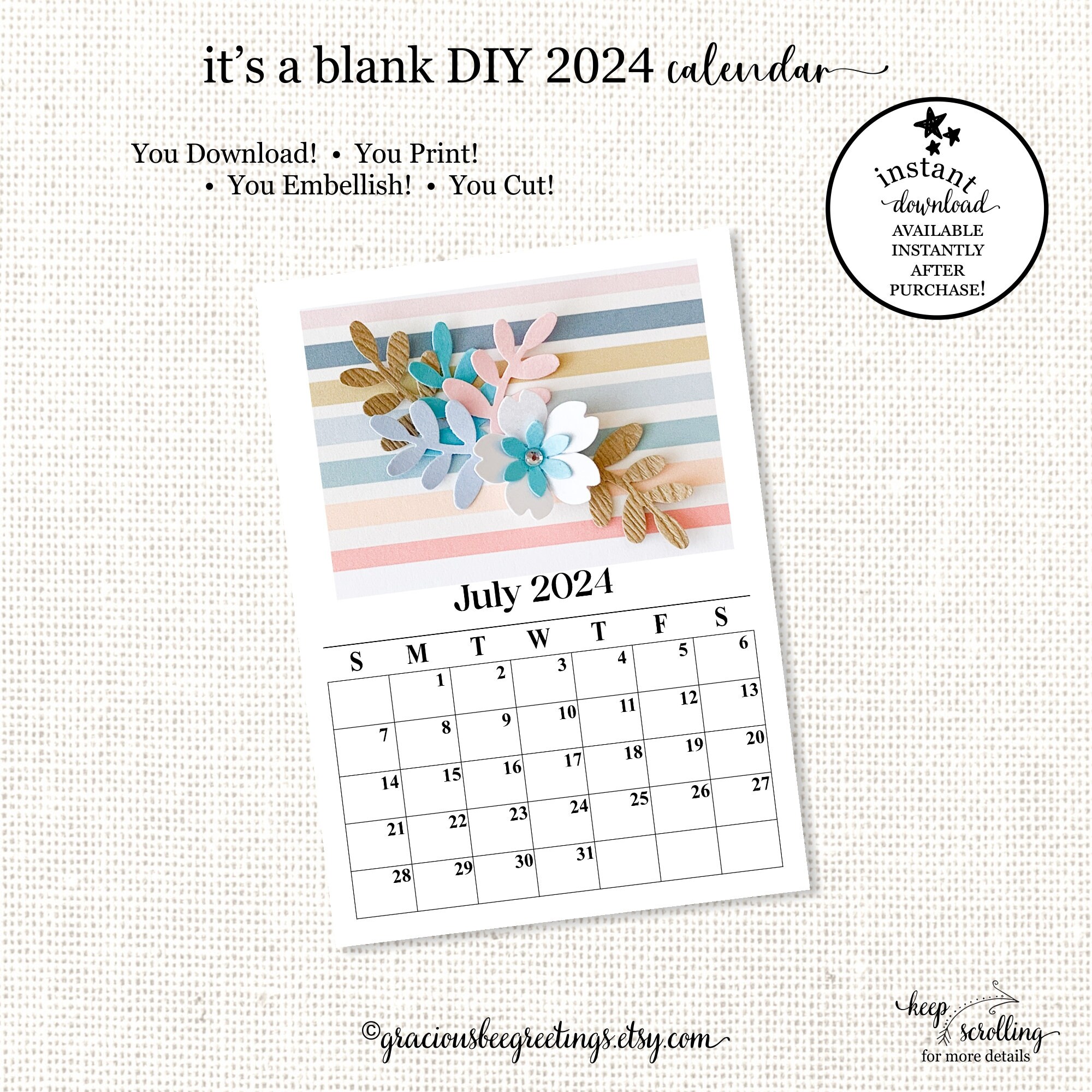 2024 HANDWRITTEN CALENDAR Scrapbook Clip Art Printable Digital Monthly  Calendar Template Coupon: BUY3GET20OFF 