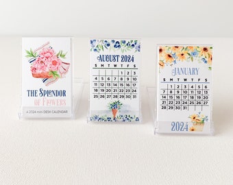 SALE 2024 Mini Floral Desk Calendar, 2024 Calendar with Acrylic Case, Flower Calendar, Business Card Size Calendar, Mini Calendar, Gift