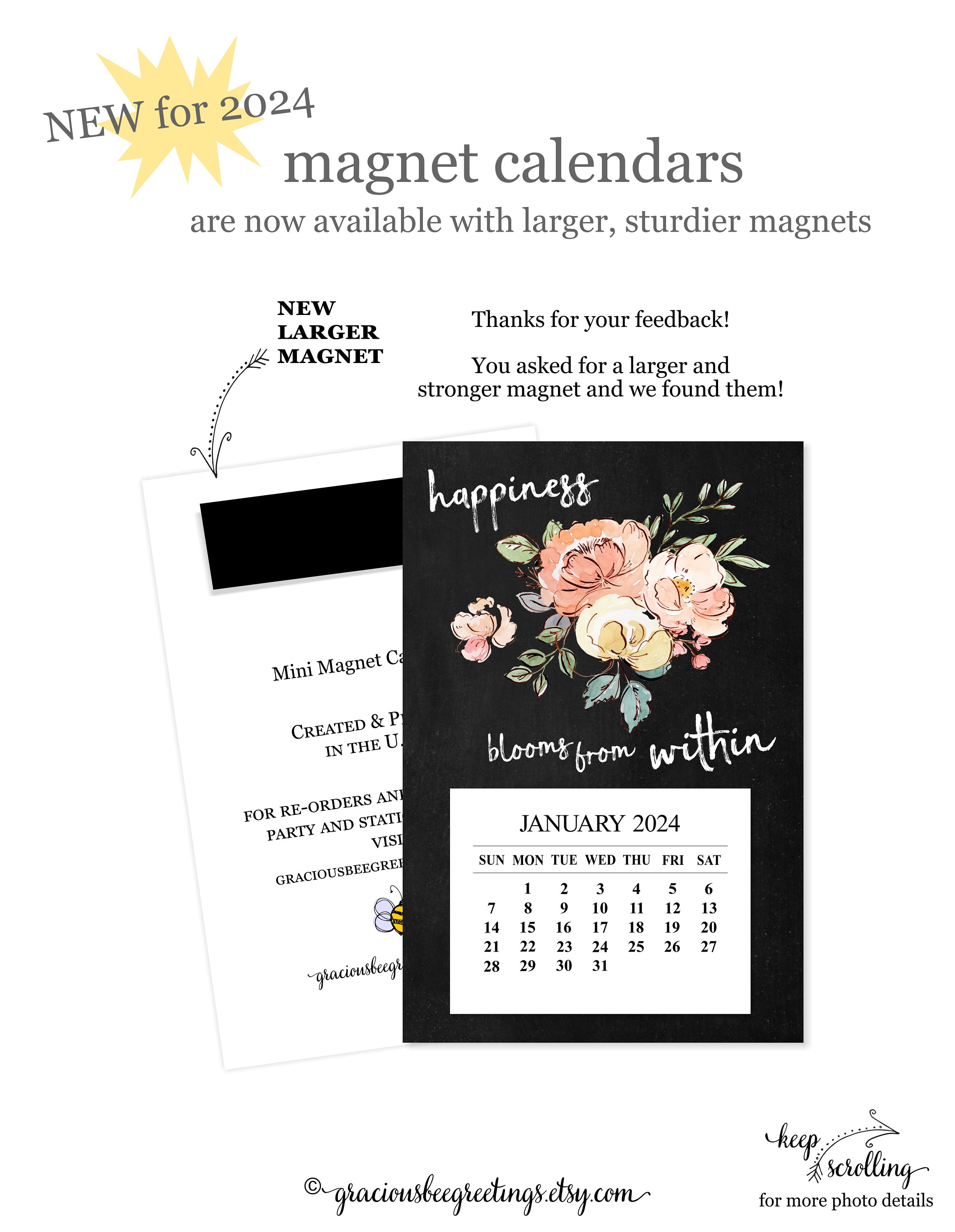 Calendrier magnétique Fleurs du bonheur 2024, Calendrier de bureau Bonheur  2024, Petit calendrier 2024 avec aimant, Calendrier de bureau inspirant 2024,  Cadeau -  France