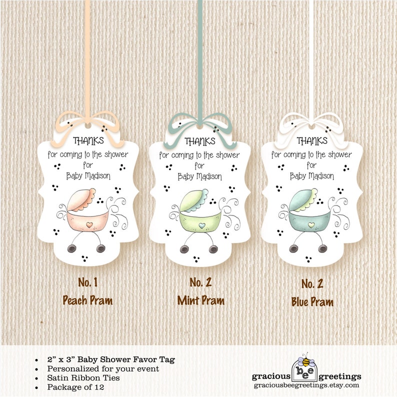 Pram Favor Tags Gender Neutral Tags Personalized Shower Favor Tags Pink Baby Shower Tags Baby Shower Favor Tag Baby Carriage Favor Tags