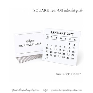May include: A stack of square tear-off calendar pads measuring 2-3/4 inches by 2-3/4 inches. The top sheet displays January 2027 with a grid of dates. The cover sheet features a bee icon and the text 2027 CALENDAR.
