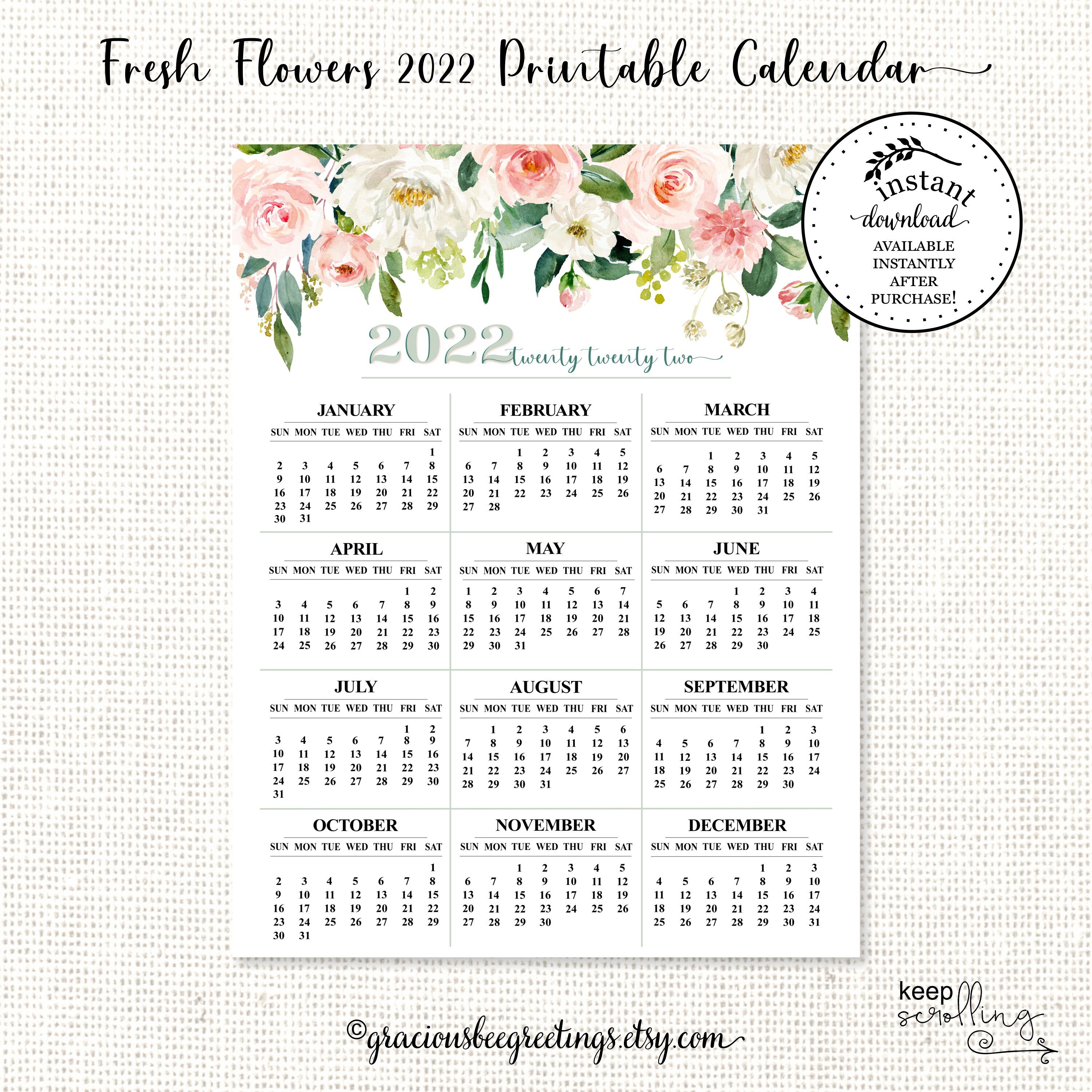 2022 calendar floral instant download calendar printable etsy ireland