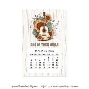 2026 Country Music Calendar: Acoustic Guitar & Sunflowers
