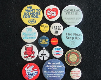 Buttons automotive related to wear or display as art project, on a backpack, vintage automotive 16 total , great retro buttons with pins