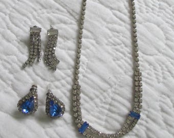 Modeschmuck Set, Halskette und Ohrringe, Blaue klare Strasssteine