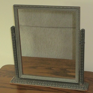 Wood vanity mirror, vintage all wood frame that tilts with a nicely worn but classic silvery gray and black tones